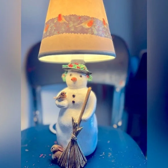 Morjolein Bastin Snowman Lamp & Shade Holly/Rabbit/Bird/Winter 11”T Whimsical - Picture 2 of 10